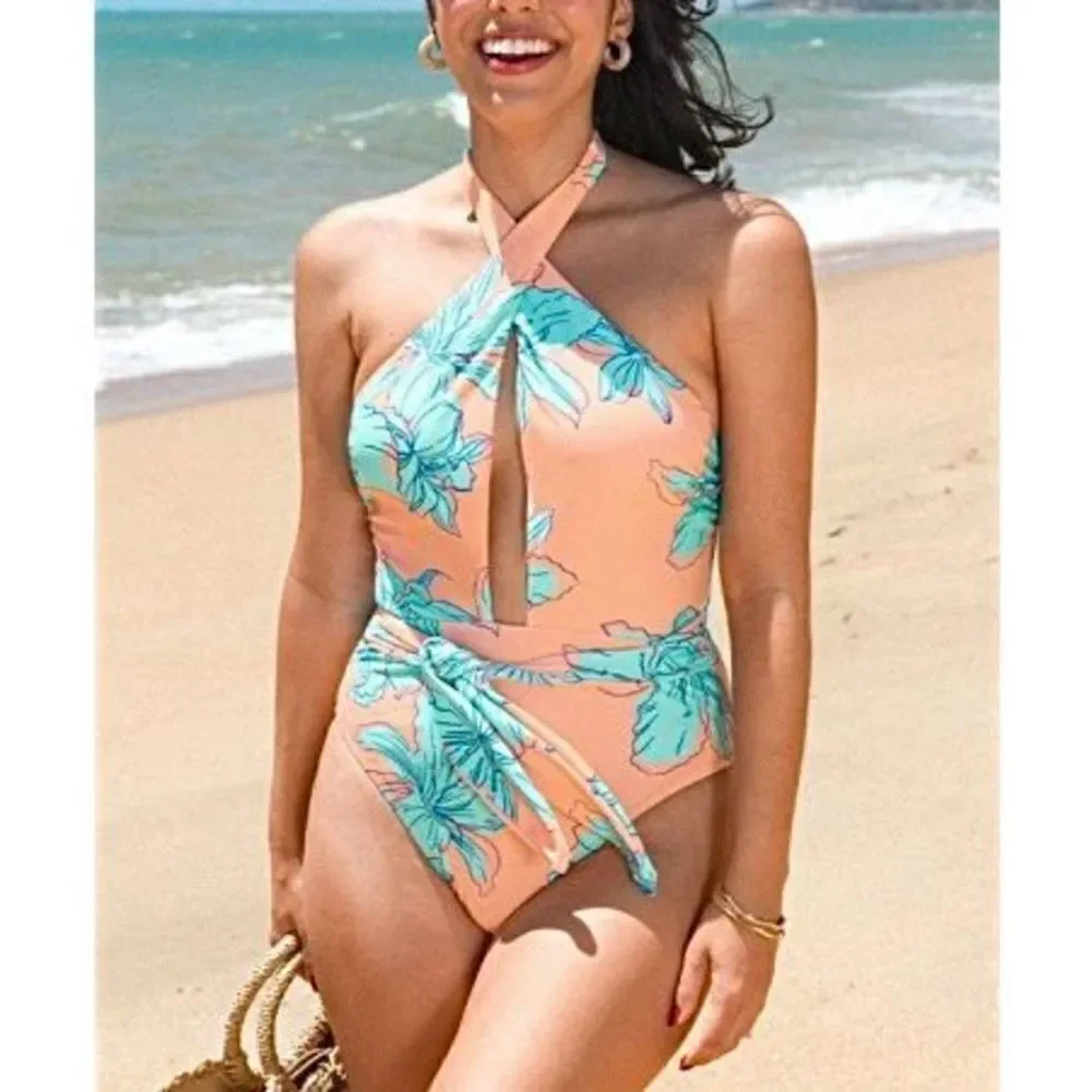 Cupshe Blooming Flowers Wrap‎ Neck One Piece Swimsuit LARGE Hawaiian Beach NWT